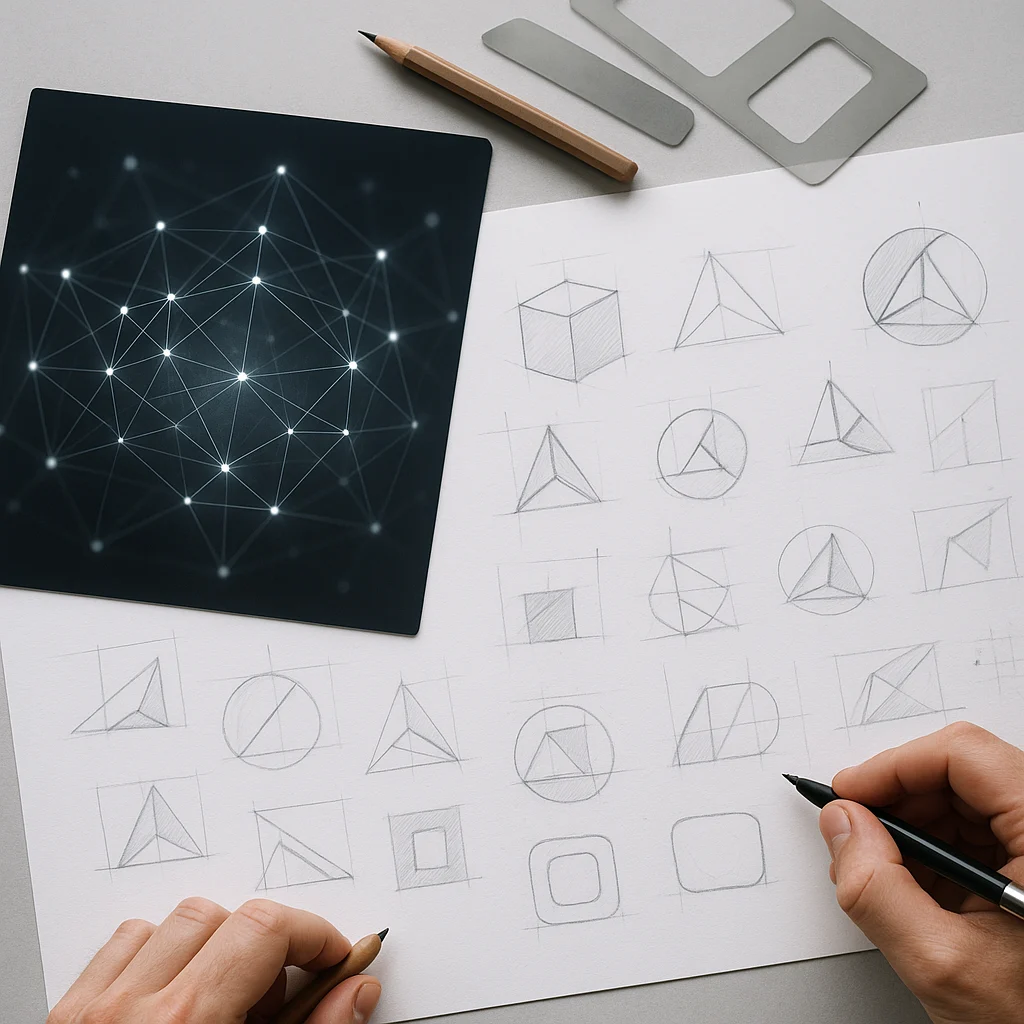 Apstraktna kompozicija tipografskih fragmenata, geometrijskih mreža i slojeva papira